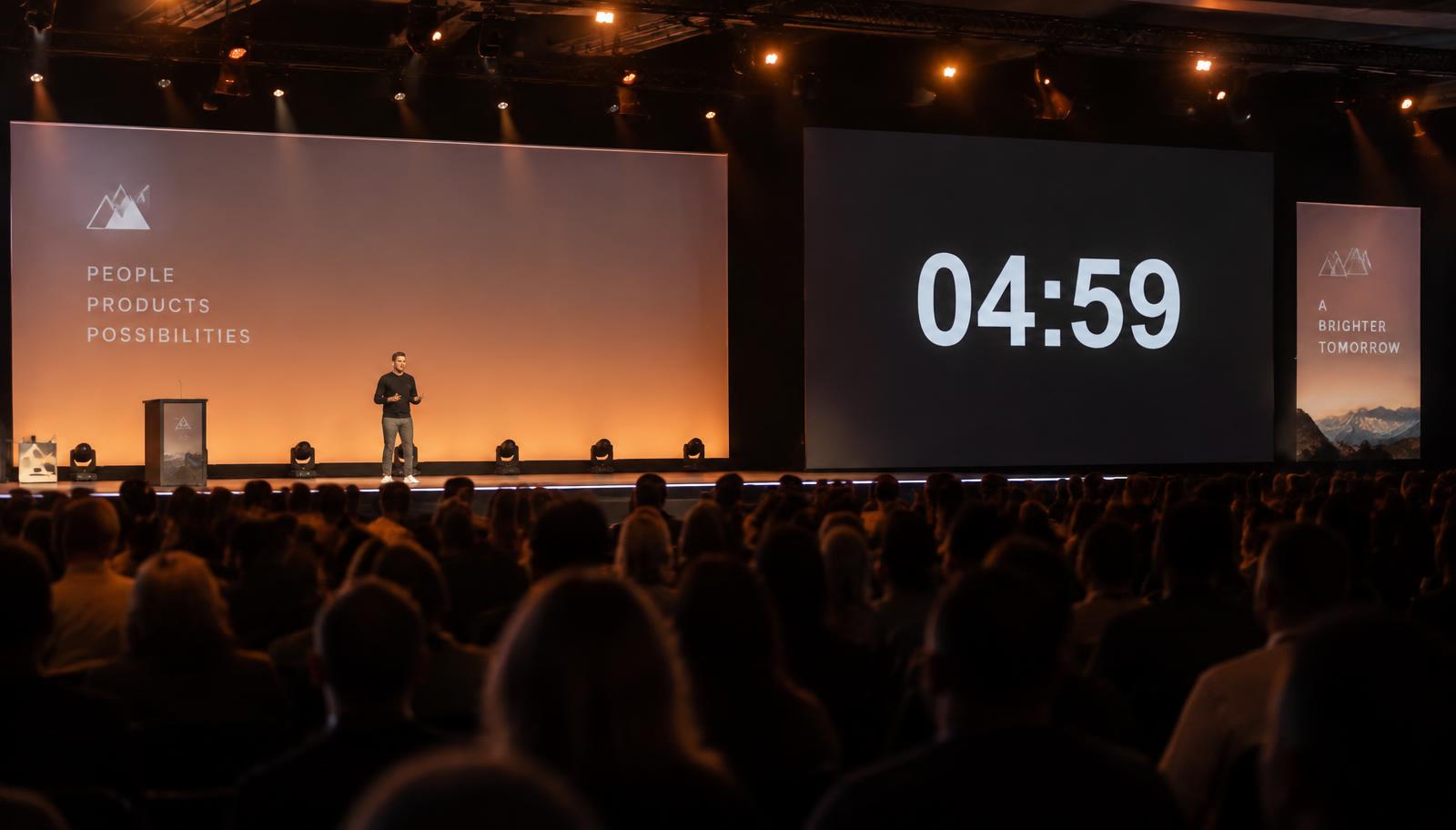 Conference stage with a large countdown timer screen next to the speaker